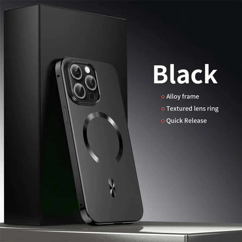 För iPhone 15 Pro Max-hölse kompatibel med MagSafe Legeringsram Telefon PC-baksida - Svart