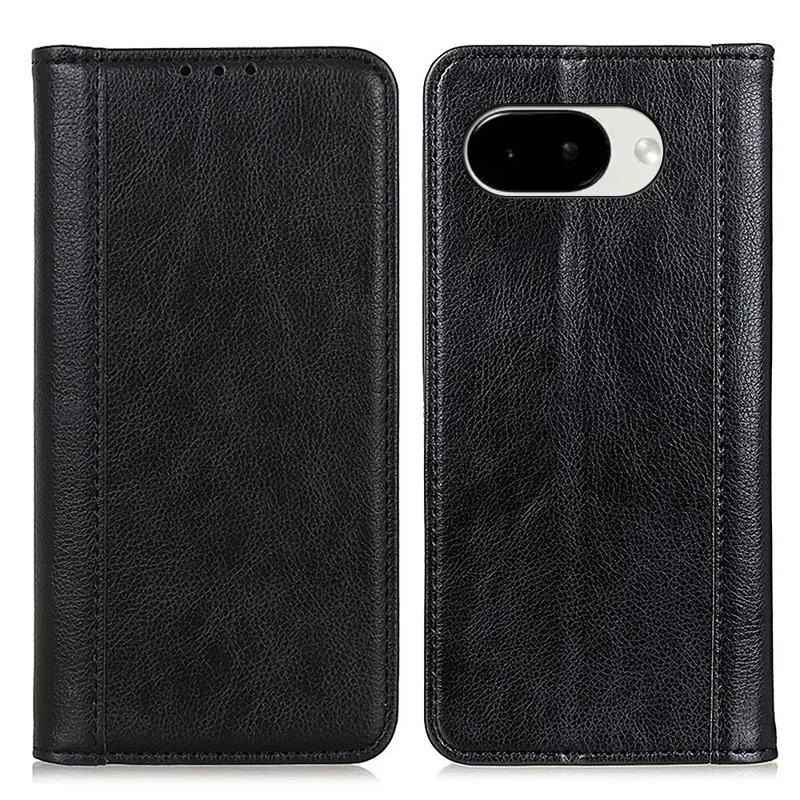 For Google Pixel 10a Stand Case Split Leather Litchi Texture Wallet Phone Cover - Black