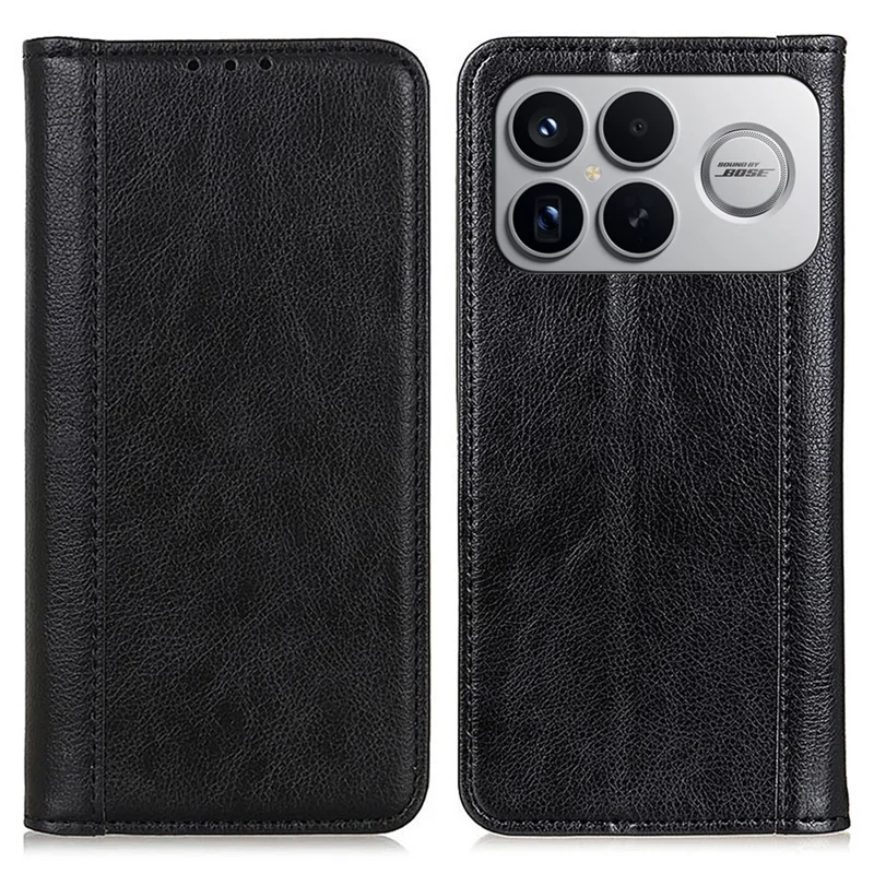 Cover con supporto per Xiaomi Redmi K90 Pro Max 5G / Poco F8 Ultra, custodia portafoglio in ecopelle con texture effetto litchi - Nero