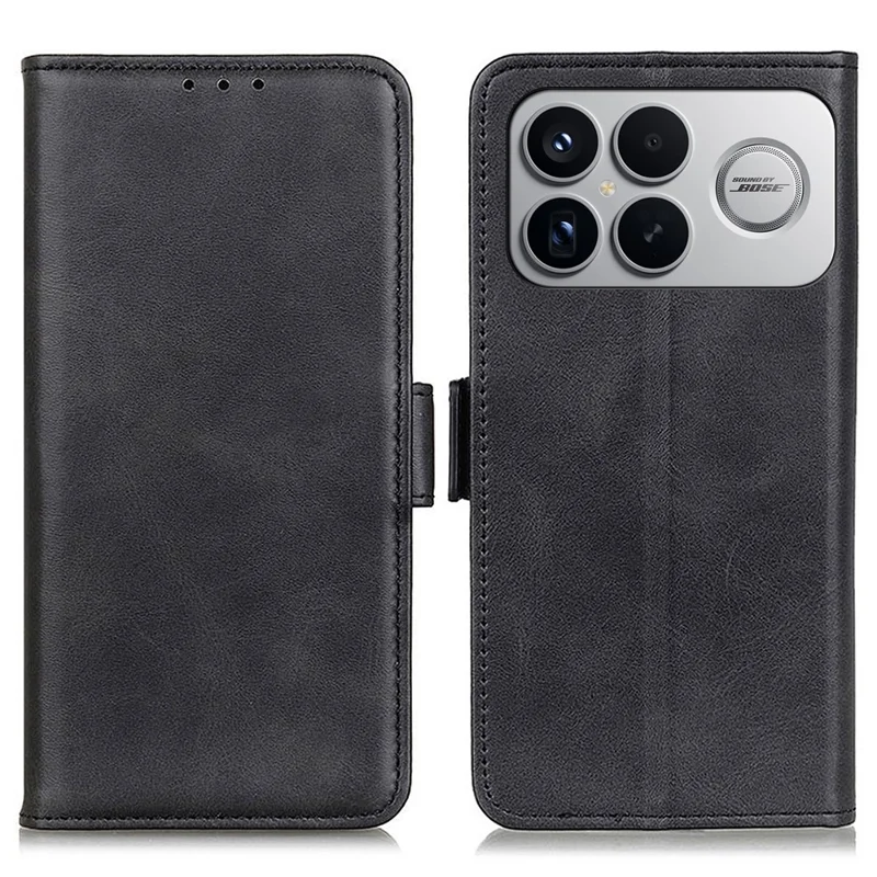Phone Case For Xiaomi Redmi K90 Pro Max 5G  /  Poco F8 Ultra Stand Cowhide Texture PU Leather Phone Cover - Black