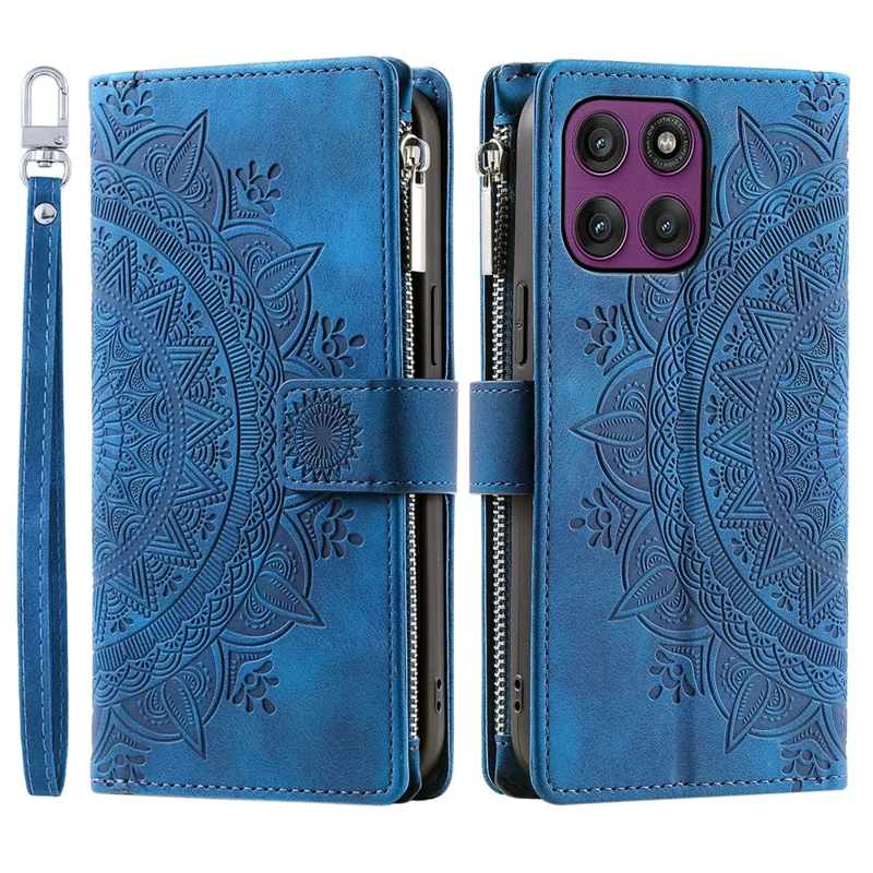 Étui portefeuille pour Motorola Moto G86 Power 5G, motif fleur mandala, housse en cuir PU avec dragonne - Bleu