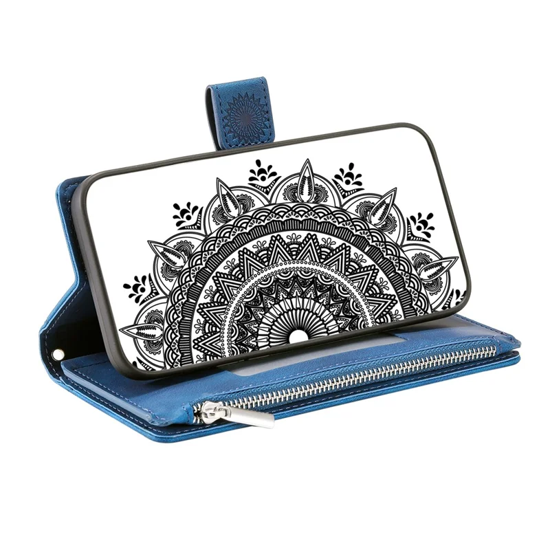 Étui portefeuille pour Motorola Moto G86 Power 5G, motif fleur mandala, housse en cuir PU avec dragonne - Bleu