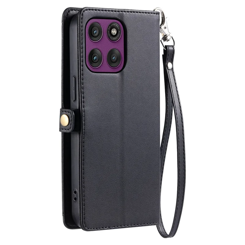 Étui en cuir pour Motorola Moto G86 Power 5G avec dragonne, portefeuille et support pour téléphone - Noir