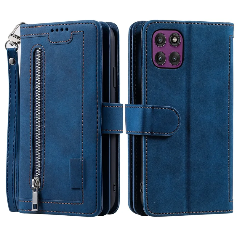 Étui pour Motorola Moto G86 Power 5G, portefeuille avec 9 emplacements pour cartes, pochette zippée, housse en cuir PU avec dragonne - Bleu