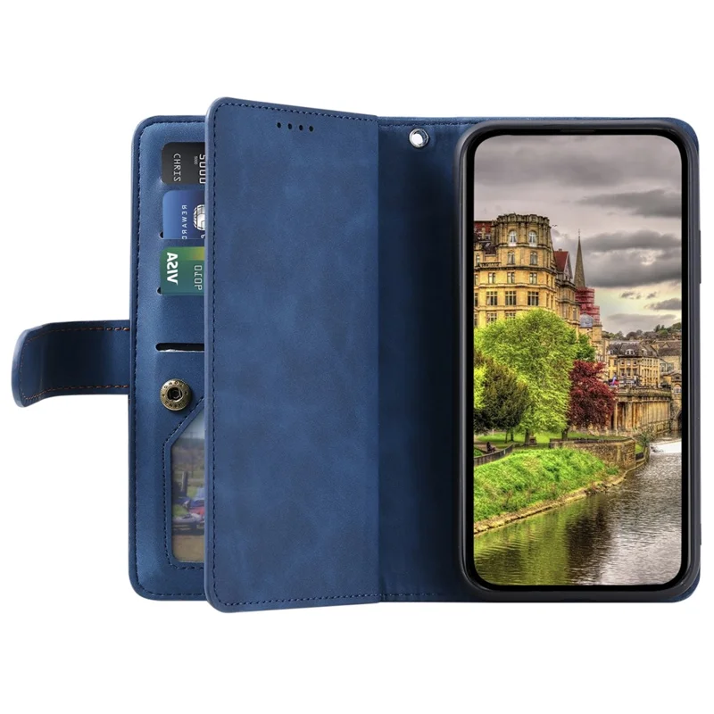 Étui pour Motorola Moto G86 Power 5G, portefeuille avec 9 emplacements pour cartes, pochette zippée, housse en cuir PU avec dragonne - Bleu