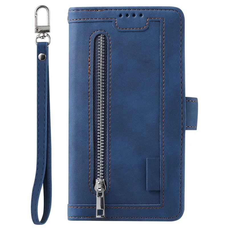 Étui pour Motorola Moto G86 Power 5G, portefeuille avec 9 emplacements pour cartes, pochette zippée, housse en cuir PU avec dragonne - Bleu