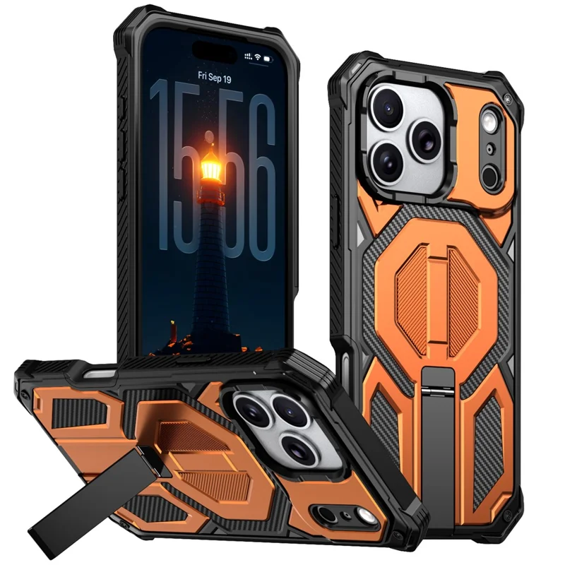 Voor iPhone 17 Pro Max Magnetisch Hoesje Roterende Standaard PC + TPU Stootvrij Vrijgevallen Telefoonhoesje - Oranje