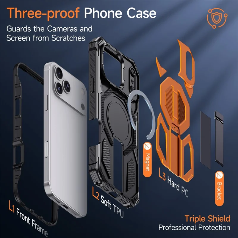 Voor iPhone 17 Pro Max Magnetisch Hoesje Roterende Standaard PC + TPU Stootvrij Vrijgevallen Telefoonhoesje - Oranje