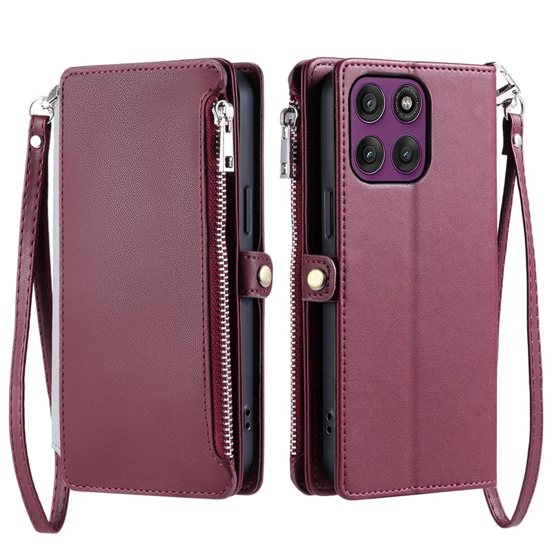 For Motorola Moto G67 Power 5G Case TPU + PU Leather Wallet Phone Cover with Wrist Strap - Wine Red
