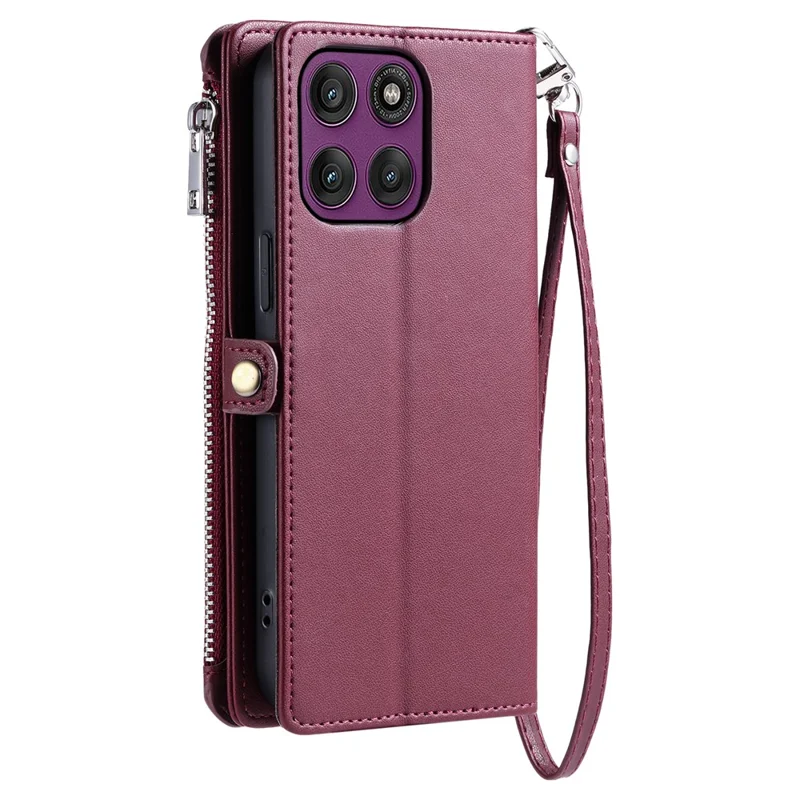 For Motorola Moto G67 Power 5G Case TPU + PU Leather Wallet Phone Cover with Wrist Strap - Wine Red