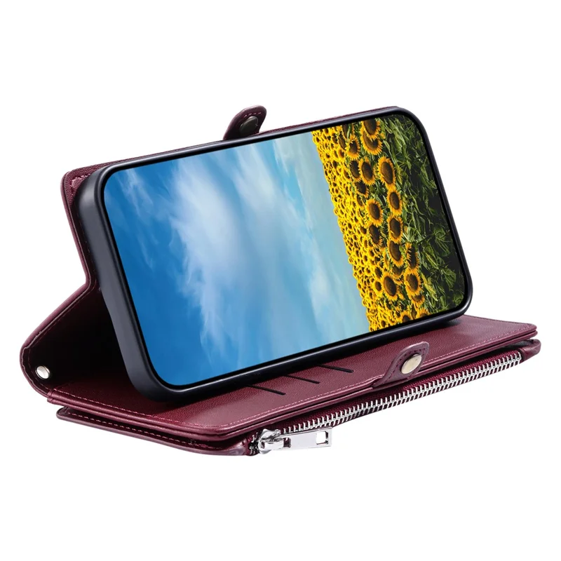 For Motorola Moto G67 Power 5G Case TPU + PU Leather Wallet Phone Cover with Wrist Strap - Wine Red