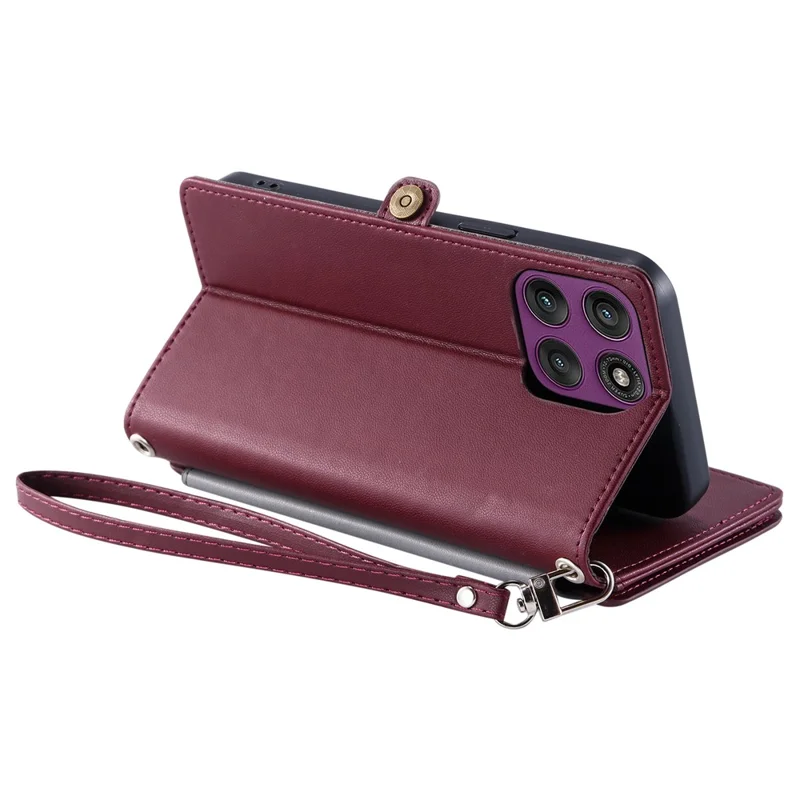 For Motorola Moto G67 Power 5G Case TPU + PU Leather Wallet Phone Cover with Wrist Strap - Wine Red