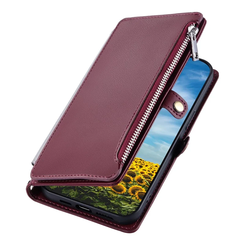 For Motorola Moto G67 Power 5G Case TPU + PU Leather Wallet Phone Cover with Wrist Strap - Wine Red