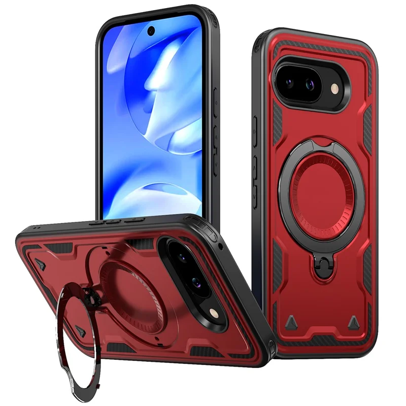 Fodral för Google Pixel 9a, kompatibelt med MagSafe, militärklass skydd av PC + TPU med vinklingsbar stödplatta - Röd