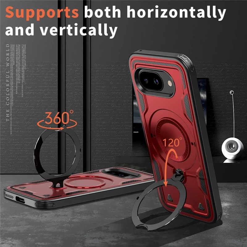 Fodral för Google Pixel 9a, kompatibelt med MagSafe, militärklass skydd av PC + TPU med vinklingsbar stödplatta - Röd