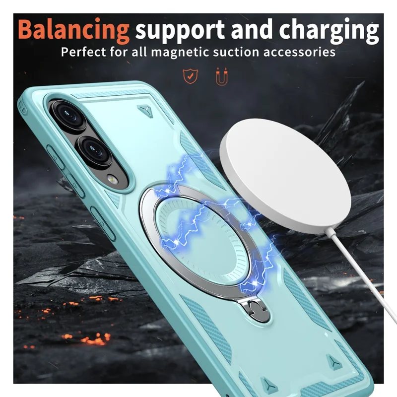 Чехол для Samsung Galaxy S25 Edge, совместимый с MagSafe, с военной защитой из поликарбоната и ТПУ, с подставкой - Молочный синий