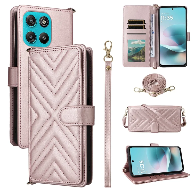 Funda de cuero para Motorola Moto G67 Power 5G / G57 Power 5G / G57 5G, carcasa con soporte, billetera y correa de hombro / muñeca - Rosa