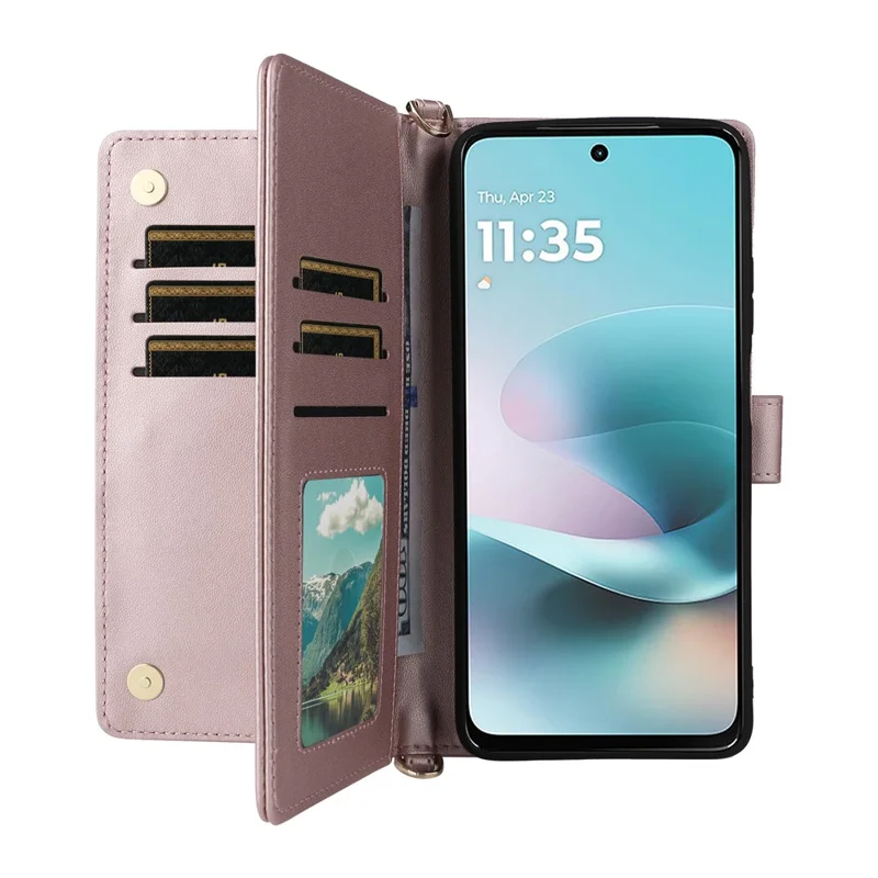 Funda de cuero para Motorola Moto G67 Power 5G / G57 Power 5G / G57 5G, carcasa con soporte, billetera y correa de hombro / muñeca - Rosa