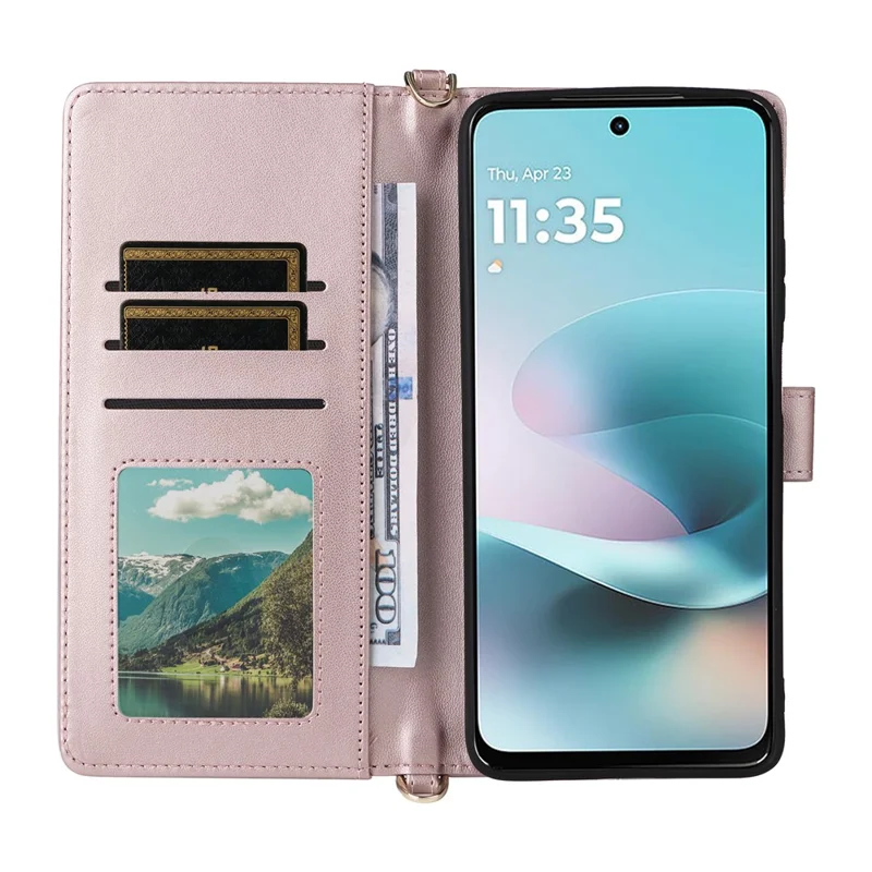 Funda de cuero para Motorola Moto G67 Power 5G / G57 Power 5G / G57 5G, carcasa con soporte, billetera y correa de hombro / muñeca - Rosa