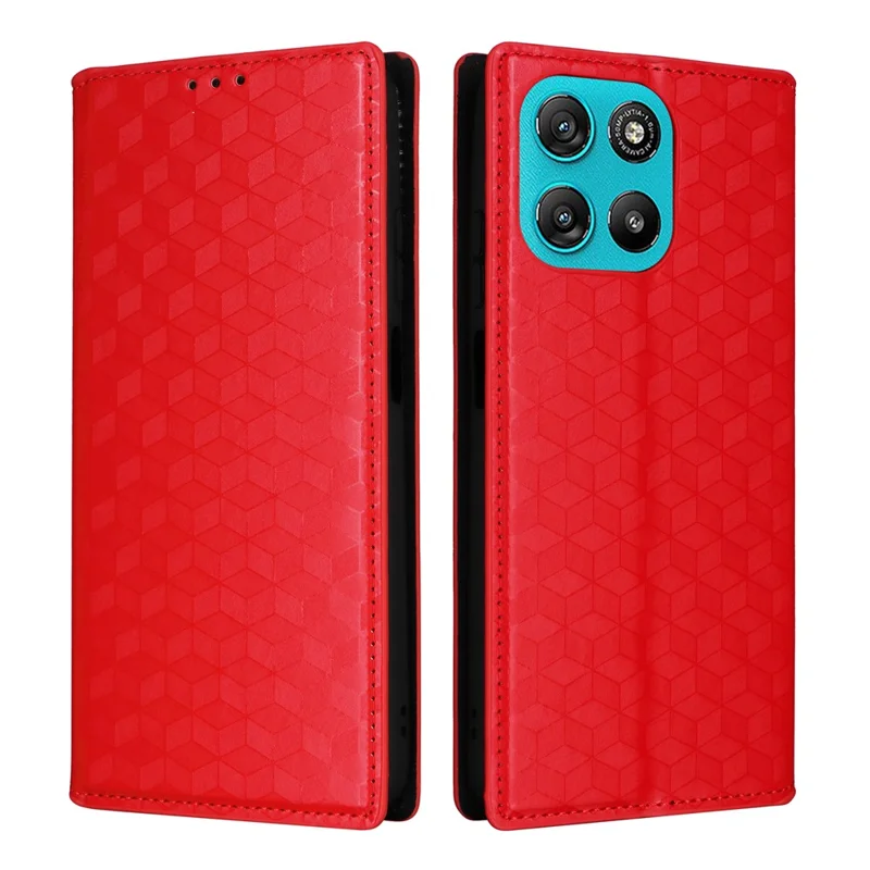 Wallet Case for Motorola Moto G67 Power 5G / G57 Power 5G / G57 5G Rhombus Imprinted PU Leather Phone Cover - Red