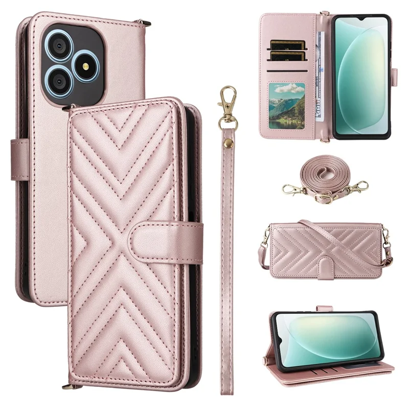 For Blackview Wave 9C Leather Case Stand Wallet Phone Cover with Shoulder / Wrist Strap - Pink