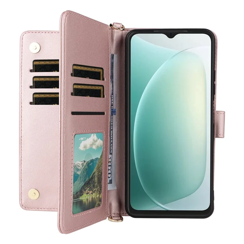 For Blackview Wave 9C Leather Case Stand Wallet Phone Cover with Shoulder / Wrist Strap - Pink