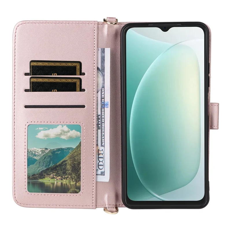 For Blackview Wave 9C Leather Case Stand Wallet Phone Cover with Shoulder / Wrist Strap - Pink