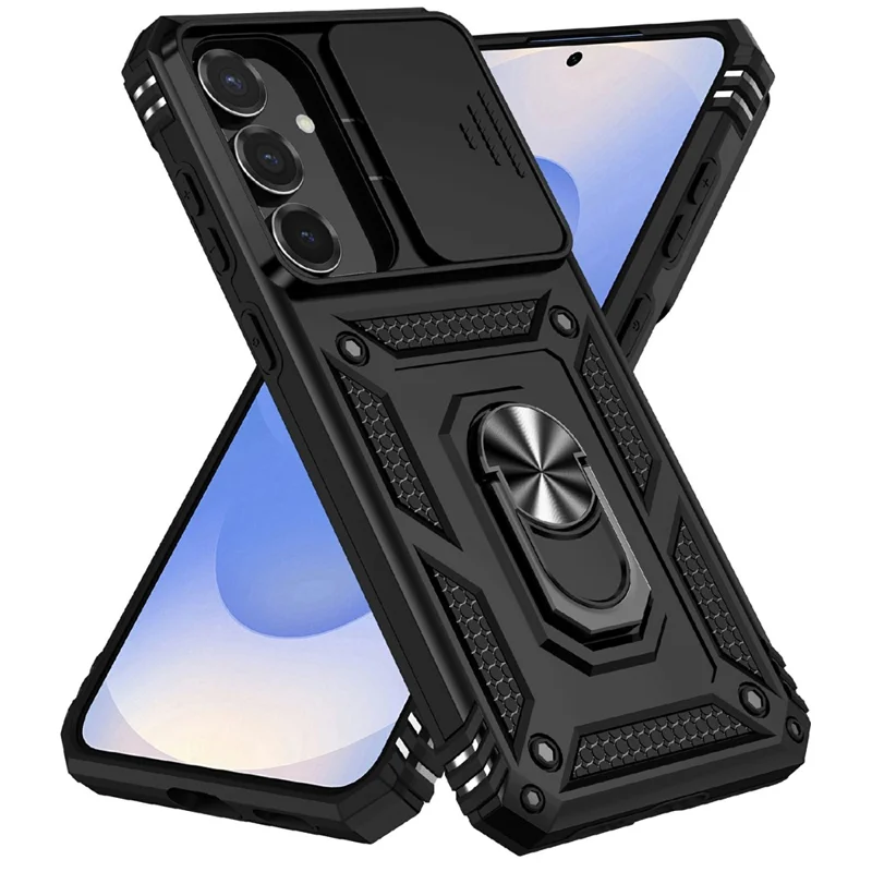 For Samsung Galaxy S25 FE Case PC + TPU Phone Cover with Lens Protection Kickstand - Black