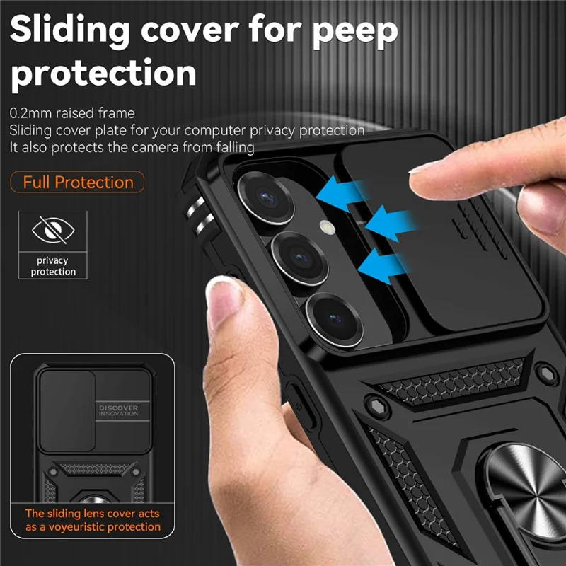 For Samsung Galaxy S25 FE Case PC + TPU Phone Cover with Lens Protection Kickstand - Black