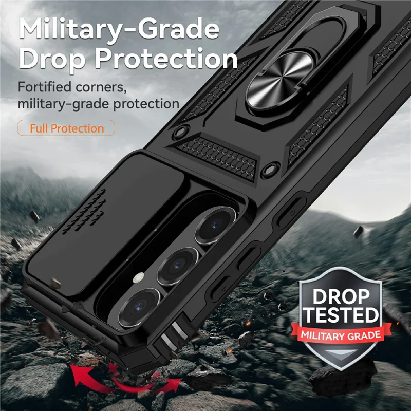 For Samsung Galaxy S25 FE Case PC + TPU Phone Cover with Lens Protection Kickstand - Black