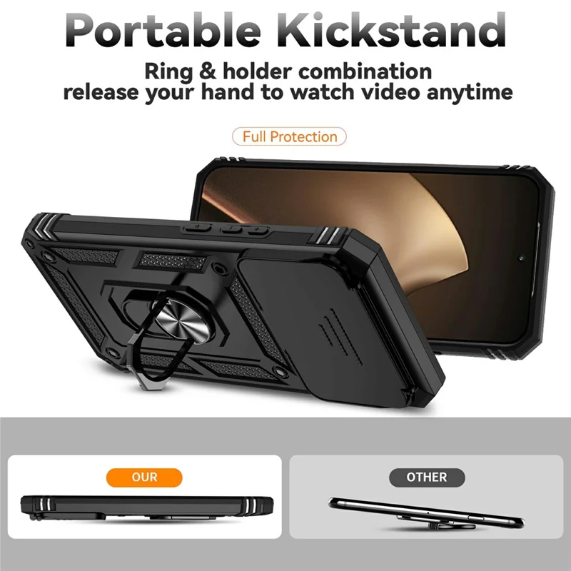 Til Xiaomi 15T Pro Case PC + TPU Telefonbeskyttelse med Linsbeskyttelse og Støtteben - Sort