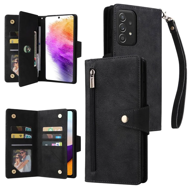 For Samsung Galaxy A73 5G Zipper Pocket Design Cell Phone Case Rivet Buckle PU Leather Phone Cover Stand Wallet with Strap - Black