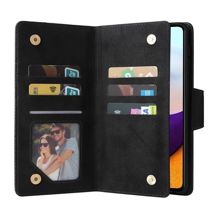 For Samsung Galaxy A73 5G Zipper Pocket Design Cell Phone Case Rivet Buckle PU Leather Phone Cover Stand Wallet with Strap - Black