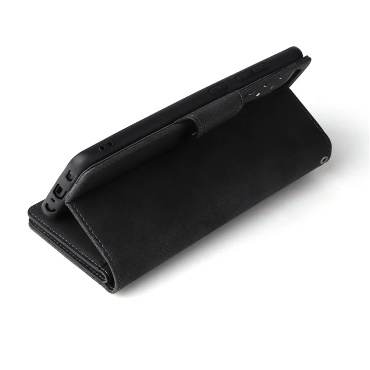 For Samsung Galaxy A73 5G Zipper Pocket Design Cell Phone Case Rivet Buckle PU Leather Phone Cover Stand Wallet with Strap - Black