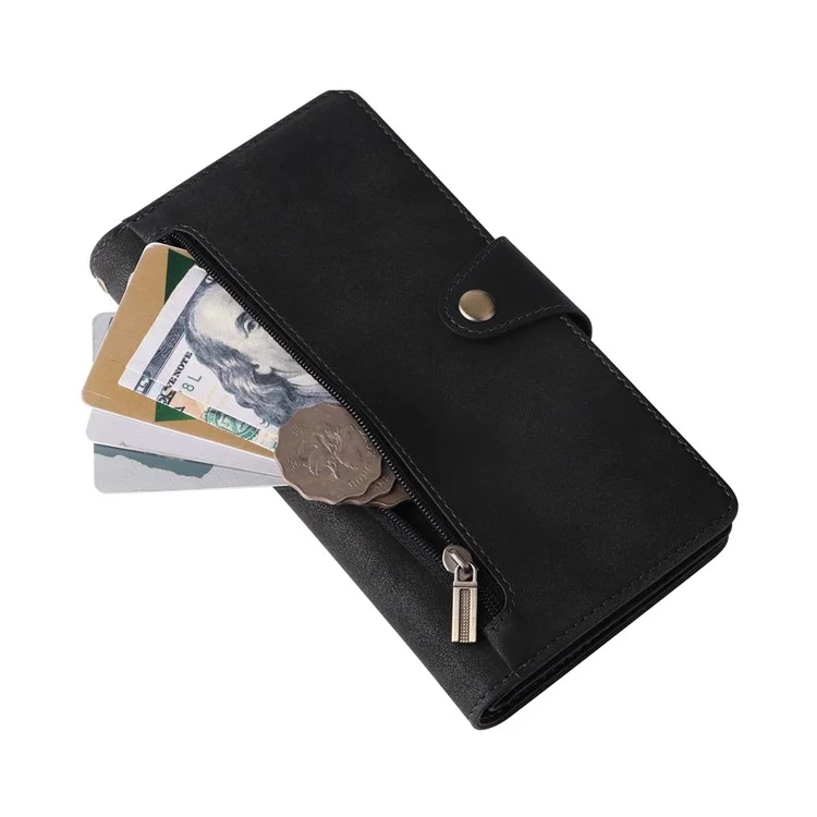 For Samsung Galaxy A73 5G Zipper Pocket Design Cell Phone Case Rivet Buckle PU Leather Phone Cover Stand Wallet with Strap - Black