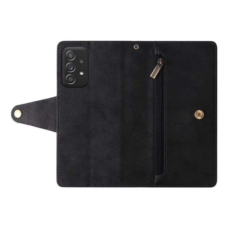 For Samsung Galaxy A73 5G Zipper Pocket Design Cell Phone Case Rivet Buckle PU Leather Phone Cover Stand Wallet with Strap - Black