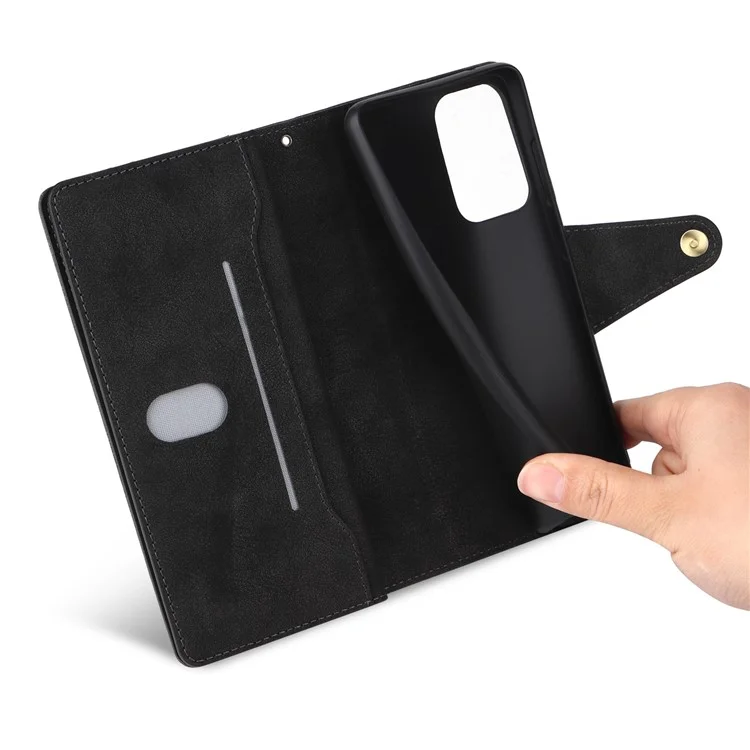 For Samsung Galaxy A73 5G Zipper Pocket Design Cell Phone Case Rivet Buckle PU Leather Phone Cover Stand Wallet with Strap - Black