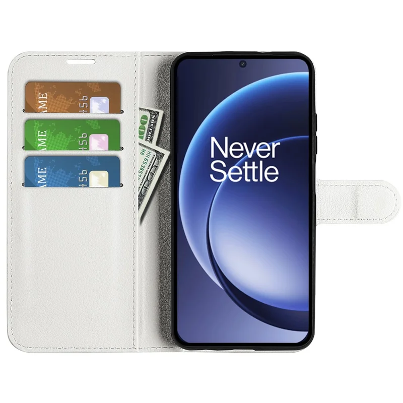 AMORUS For OnePlus 15 5G Wallet Case Litchi Texture Shockproof Leather Flip Stand Phone Cover - White