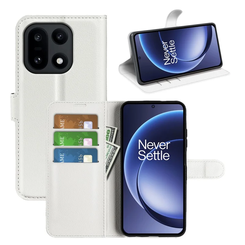 AMORUS For OnePlus 15 5G Wallet Case Litchi Texture Shockproof Leather Flip Stand Phone Cover - White