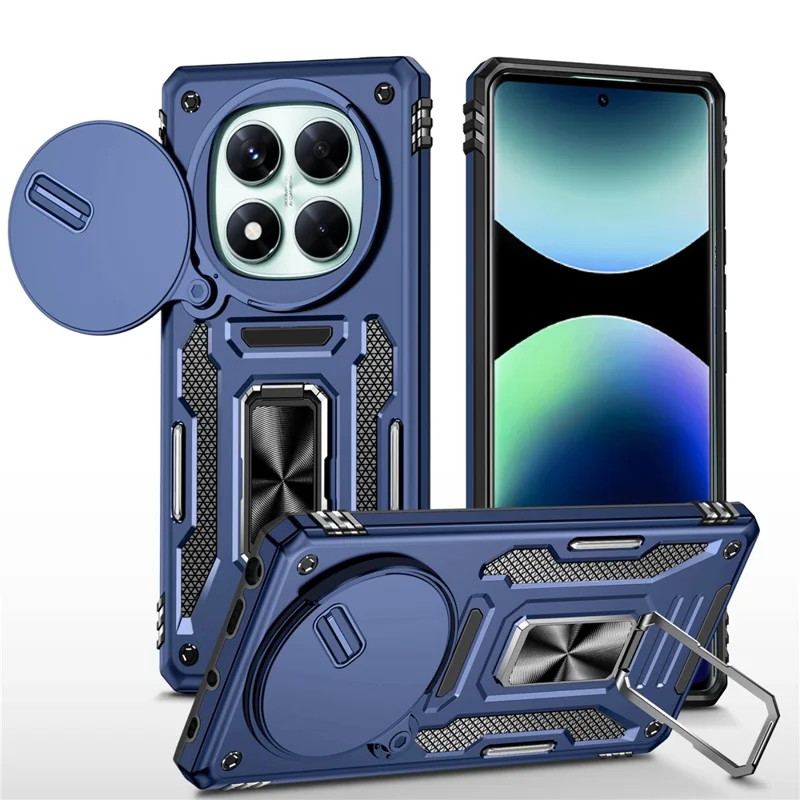 Funda para Xiaomi Redmi Note 14 Pro 4G / 5G con soporte plegable, tapa deslizante para lente, carcasa resistente a caídas de PC + TPU - Azul marino
