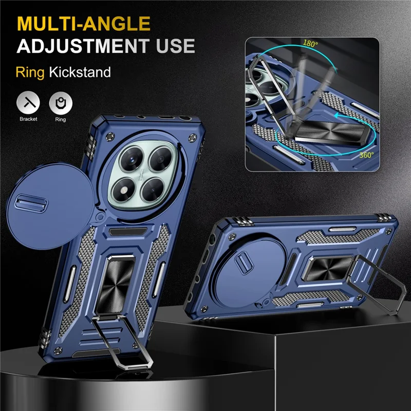 Funda para Xiaomi Redmi Note 14 Pro 4G / 5G con soporte plegable, tapa deslizante para lente, carcasa resistente a caídas de PC + TPU - Azul marino