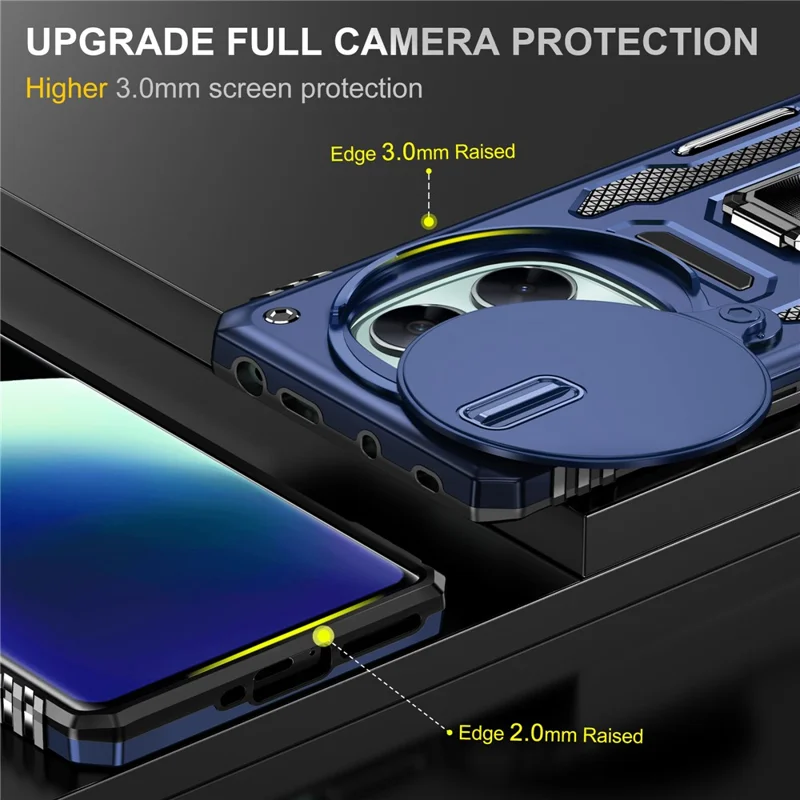 Funda para Xiaomi Redmi Note 14 Pro 4G / 5G con soporte plegable, tapa deslizante para lente, carcasa resistente a caídas de PC + TPU - Azul marino