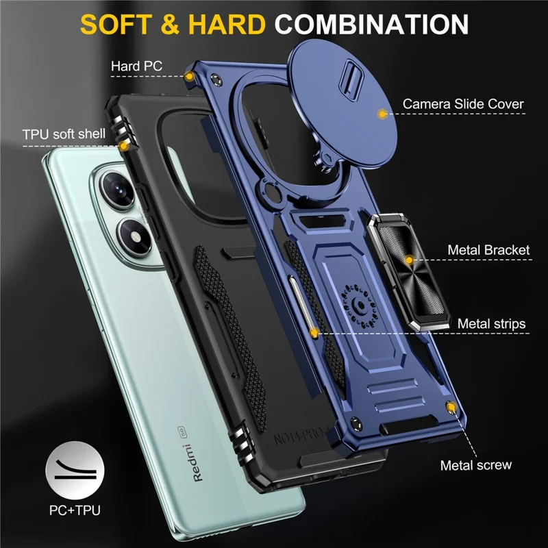Funda para Xiaomi Redmi Note 14 Pro 4G / 5G con soporte plegable, tapa deslizante para lente, carcasa resistente a caídas de PC + TPU - Azul marino