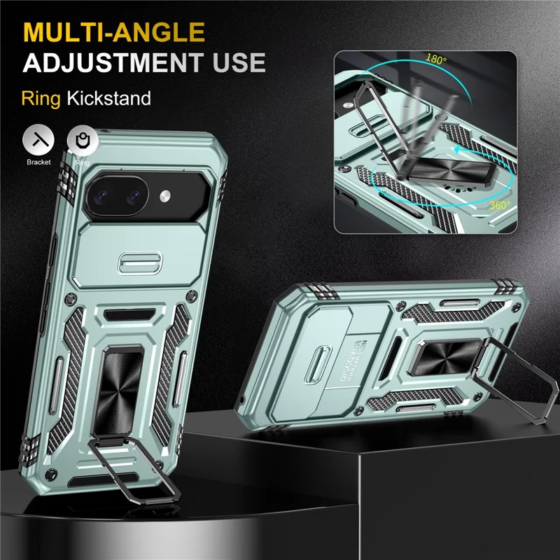 For Google Pixel 9a Case Kickstand Slide Lens Lid PC + TPU Drop-Proof Phone Cover - Green