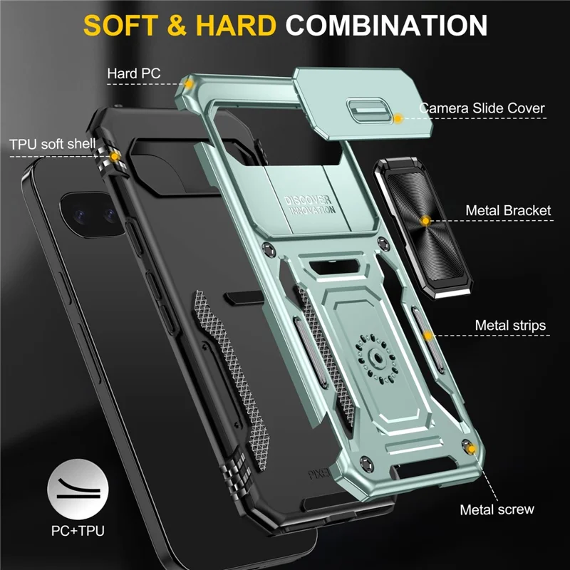 For Google Pixel 9a Case Kickstand Slide Lens Lid PC + TPU Drop-Proof Phone Cover - Green