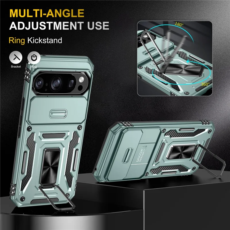 For Google Pixel 10  /  10 Pro Case Kickstand Slide Lens Lid PC + TPU Drop-Proof Phone Cover - Green
