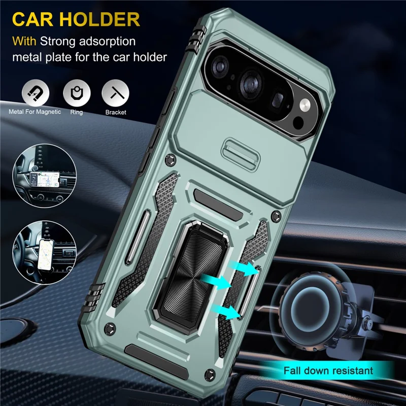 For Google Pixel 10  /  10 Pro Case Kickstand Slide Lens Lid PC + TPU Drop-Proof Phone Cover - Green