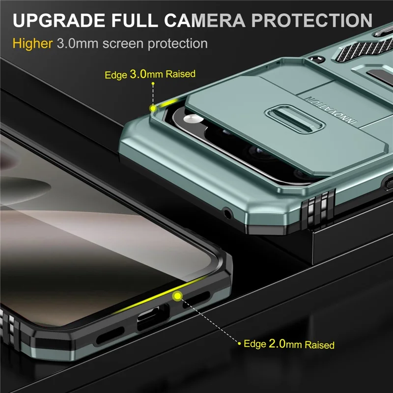 For Google Pixel 10 Pro XL Case Kickstand Slide Lens Lid PC + TPU Drop-Proof Phone Cover - Green