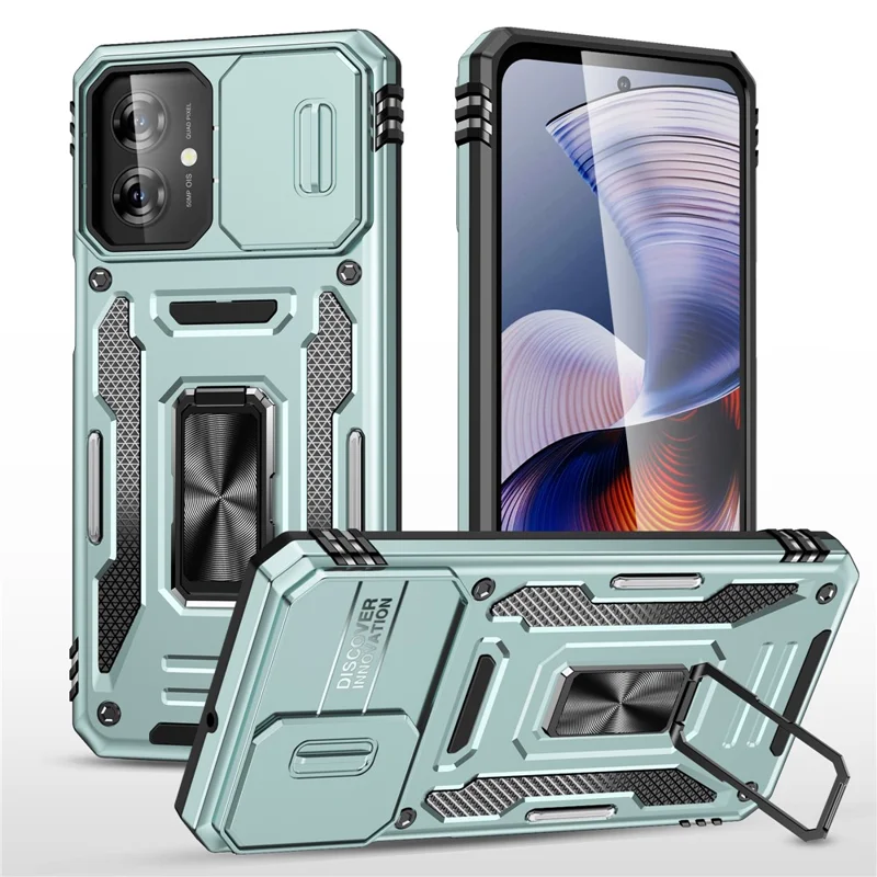 Cover per Motorola Moto G55 5G con Supporto Girevole, Coperchio Scorrevole per Obiettivo, Custodia Antiurto in PC + TPU - Verde