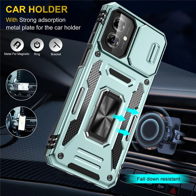 Cover per Motorola Moto G55 5G con Supporto Girevole, Coperchio Scorrevole per Obiettivo, Custodia Antiurto in PC + TPU - Verde